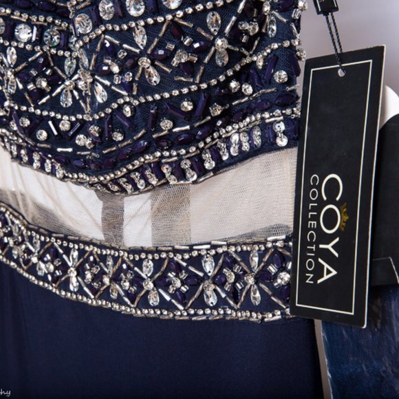 Coya Long Beaded Formal Blue Halter High Neck Keyhole Dress NWT $329 XS - Picture 7 of 14